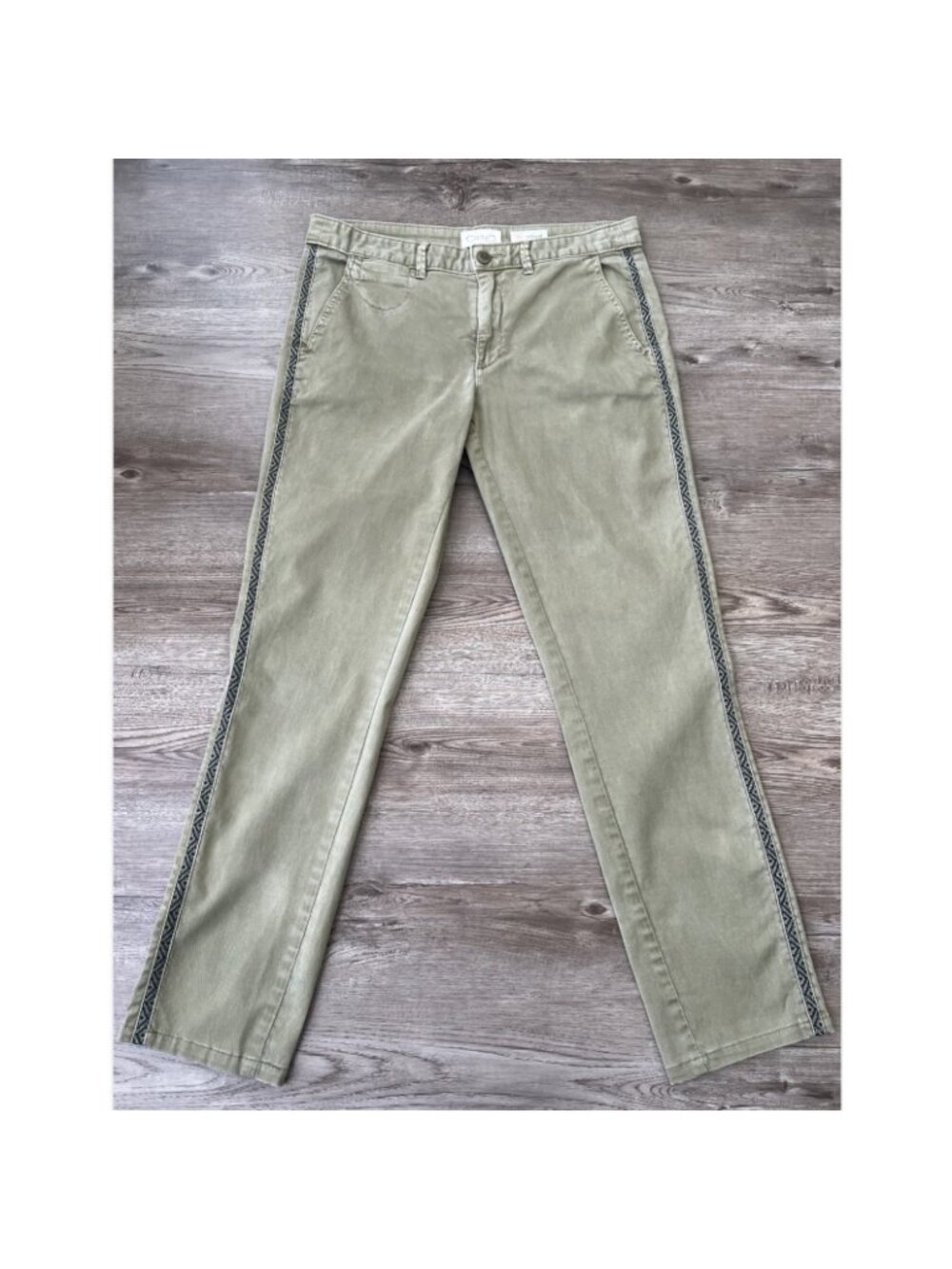 Anthropologie Chino Relaxed Pants Womens 28 Olive Green‎ Side Stripe Cotton